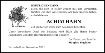 Traueranzeige von ACHIM HAHN von Barmstedter Zeitung