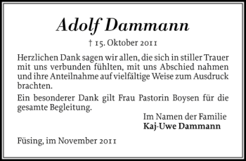 Traueranzeige von Adolf Dammann von Schleswiger Nachrichten