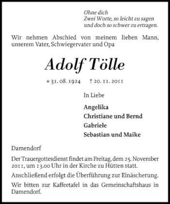Traueranzeige von Adolf Tölle von Eckernförder Zeitung