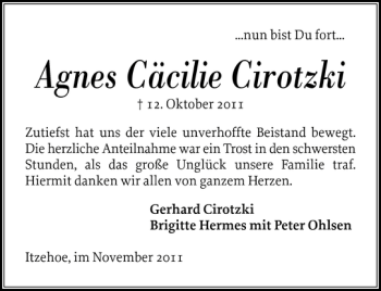 Traueranzeige von Agnes Cäcilie Cirotzki von Norddeutsche Rundschau