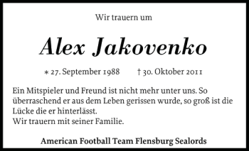 Traueranzeige von Alex Jakovenko von Flensburger Tageblatt