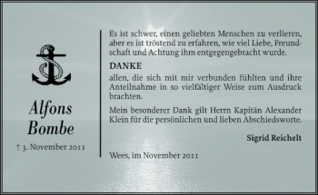 Traueranzeige von Alfons Bombe von Flensburger Tageblatt