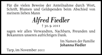 Traueranzeige von Alfred Fiedler von Flensburger Tageblatt
