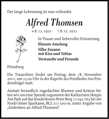 Traueranzeige von Alfred Thomsen von Flensburger Tageblatt