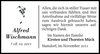 Traueranzeige von Alfred Wischmann von Landeszeitung
