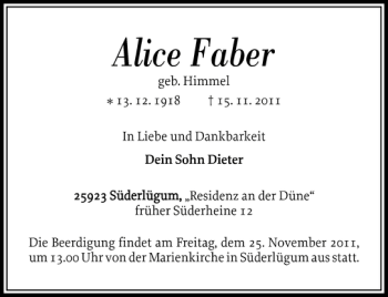 Traueranzeige von Alice Faber von Nordfriesland Tageblatt