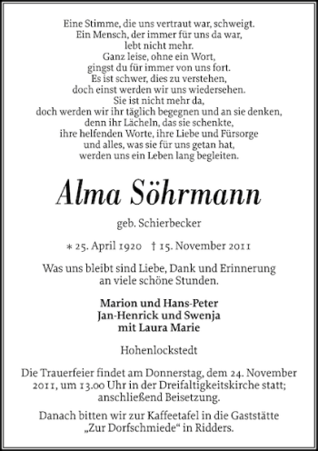 Traueranzeige von Alma Söhrmann von Norddeutsche Rundschau