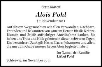 Traueranzeige von Alois Pohl von Schleswiger Nachrichten