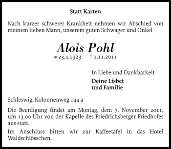 Traueranzeige von Alois Pohl von Schleswiger Nachrichten