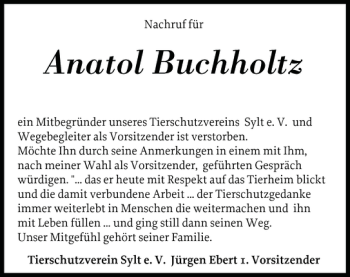 Traueranzeige von Anatol Buchholtz von Sylter Rundschau