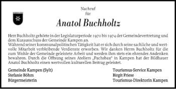 Traueranzeige von Anatol Buchholtz von Sylter Rundschau
