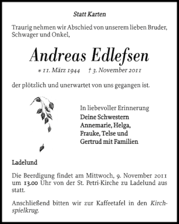 Traueranzeige von Andreas Edlefsen von Nordfriesland Tageblatt