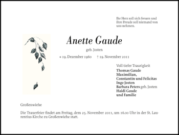 Traueranzeige von Anette Gaude von Flensburger Tageblatt