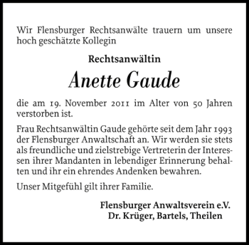 Traueranzeige von Anette Gaude von Flensburger Tageblatt