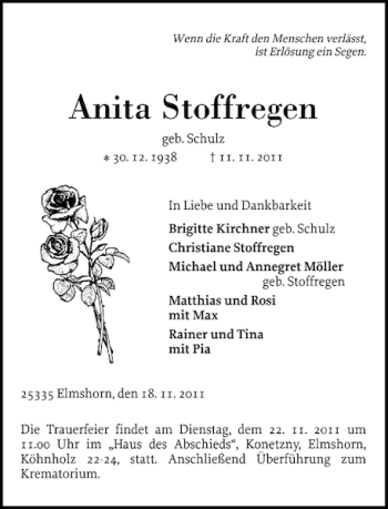 Traueranzeige von Anita Stoffregen von Elmshorner Nachrichten