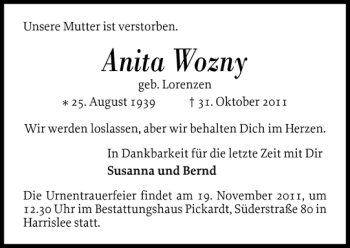 Traueranzeige von Anita Wozny von Flensburger Tageblatt