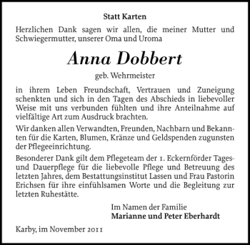 Traueranzeige von Anna Dobbert von Schlei-Bote
