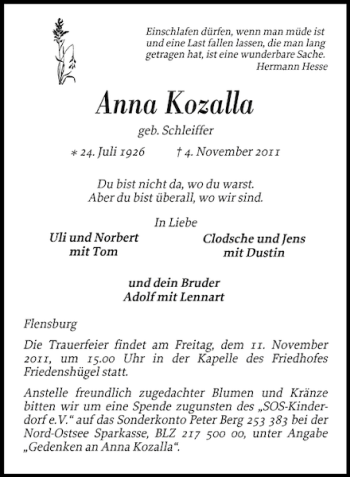 Traueranzeige von Anna Kozalla von Flensburger Tageblatt