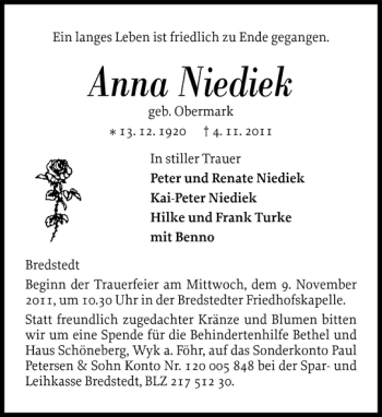 Traueranzeige von Anna Niediek von Husumer Nachrichten