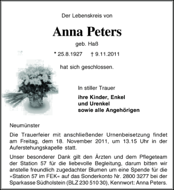 Traueranzeige von Anna Peters von Holsteinischer Courier