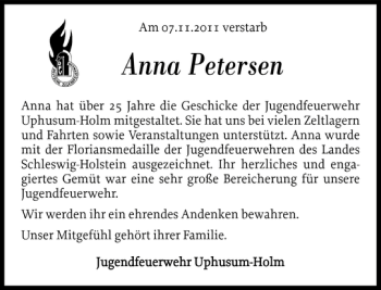 Traueranzeige von Anna Petersen von Nordfriesland Tageblatt