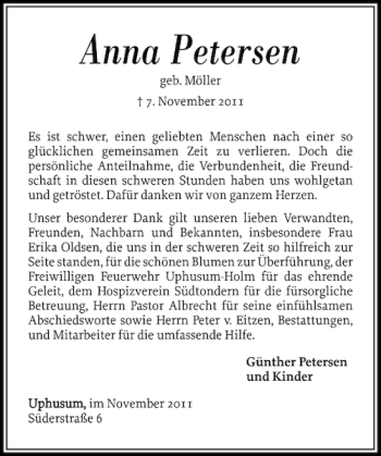 Traueranzeige von Anna Petersen von Nordfriesland Tageblatt