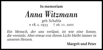 Traueranzeige von Anna Witzmann von Flensburger Tageblatt