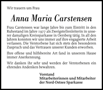 Traueranzeige von Anna Maria Carstensen von Landeszeitung