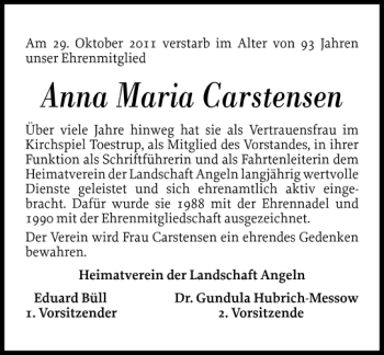 Traueranzeige von Anna Maria Carstensen von Flensburger Tageblatt