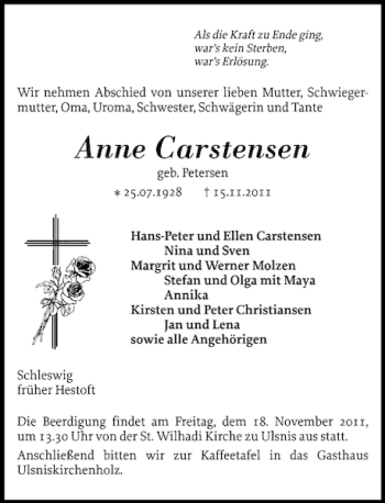 Traueranzeige von Anne Carstensen von Schleswiger Nachrichten