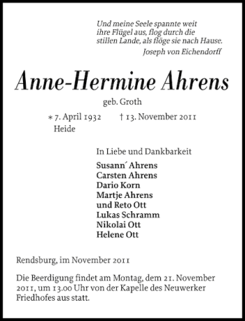 Traueranzeige von Anne-Hermine Ahrens von Landeszeitung