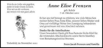 Traueranzeige von Anne Elise Frenzen von Landeszeitung