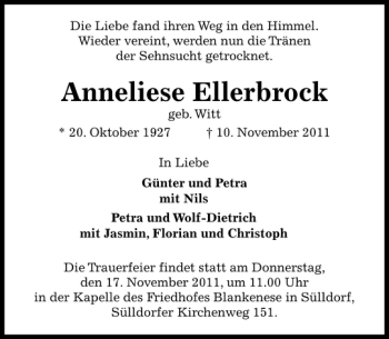 Traueranzeige von Anneliese Ellerbrock von Pinneberger Tageblatt
