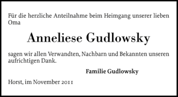 Traueranzeige von Anneliese Gudlowsky von Elmshorner Nachrichten