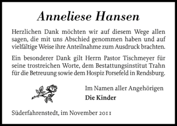 Traueranzeige von Anneliese Hansen von Flensburger Tageblatt