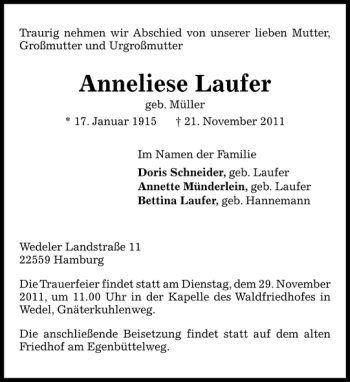 Traueranzeige von Anneliese Laufer von Pinneberger Tageblatt
