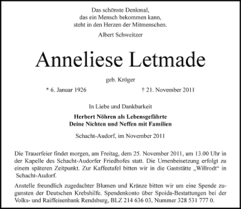 Traueranzeige von Anneliese Letmade von Landeszeitung