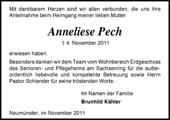 Traueranzeige von Anneliese Pech von Holsteinischer Courier