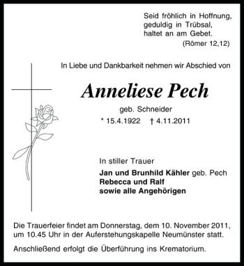 Traueranzeige von Anneliese Pech von Holsteinischer Courier