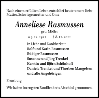 Traueranzeige von Anneliese Rasmussen von Flensburger Tageblatt