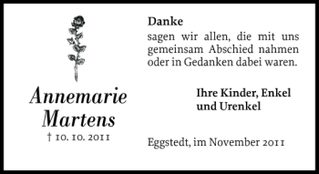 Traueranzeige von Annemarie Martens von Norddeutsche Rundschau