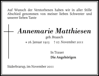 Traueranzeige von Annemarie Matthiesen von Schleswiger Nachrichten