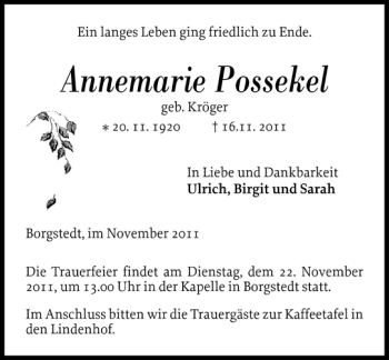 Traueranzeige von Annemarie Possekel von Landeszeitung