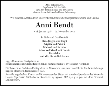 Traueranzeige von Anni Bendt von Elmshorner Nachrichten