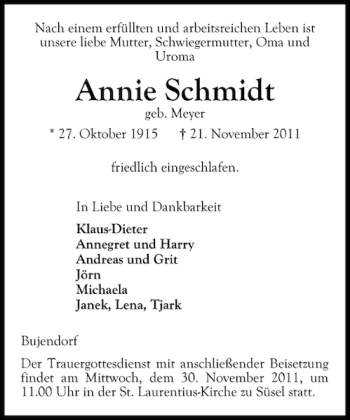 Traueranzeige von Annie Schmidt von Ostholsteiner Anzeiger