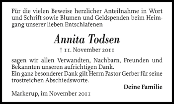 Traueranzeige von Annita Todsen von Flensburger Tageblatt