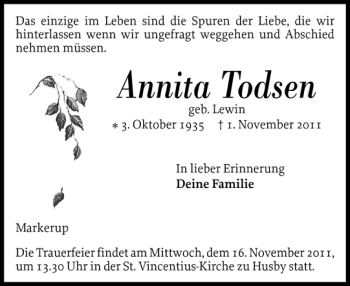 Traueranzeige von Annita Todsen von Flensburger Tageblatt
