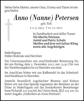 Traueranzeige von Anno Nanne Petersen von Flensburger Tageblatt