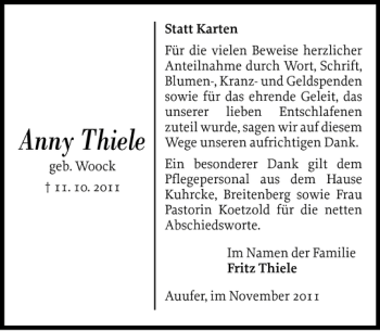 Traueranzeige von Anny Thiele von Norddeutsche Rundschau