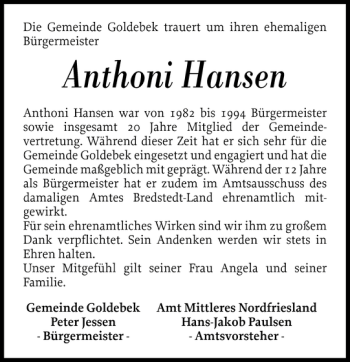 Traueranzeige von Anthoni Hansen von Husumer Nachrichten